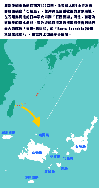 距離沖繩本島約西南方400公里,坐飛機大約1小時左右的珊瑚礁島「石垣島」,在沖繩是最受歡迎的潛水海域。在石垣島周邊的日本最大潟湖「石西礁湖」周邊,有著為數眾多的潛水地點。另外據說有極高的機率能夠看到世界最大的魟魚「曼塔-鬼蝠魟」的「Manta Scramble(曼塔緊急起飛線)」,在世界上也是享譽盛名。